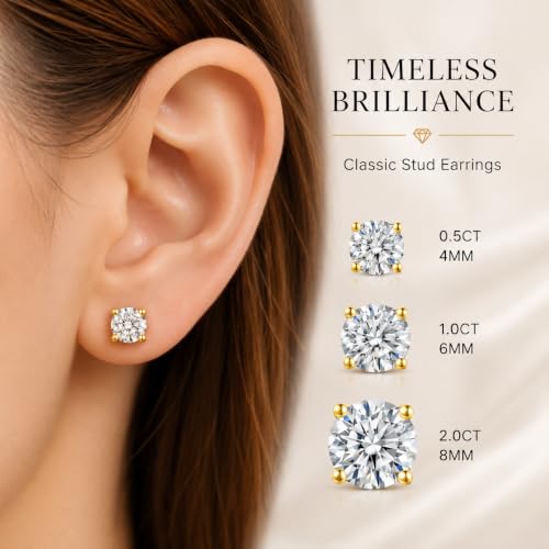 Image of Moissanite Stud Earrings for Men Women, 925 Sterling Silver 18K White Gold Plated, 1CT 6.5mm Round Cut, VVS1 D Color (0.6-2ct)