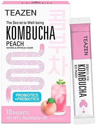 Teazen Kombucha Tea, Zero Sugar, Sparkling Fermented Powdered Mix Beverage from Korea, Live Probiotics & Prebiotics, 10 Sticks, 1.76oz (Peach)