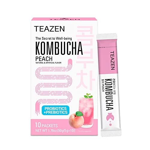 Teazen Kombucha Tea, Zero Sugar, Sparkling Fermented Powdered Mix Beverage From Korea, Live Probiotics & Prebiotics, 10 Sticks, 1.76Oz (Peach) #TOP12