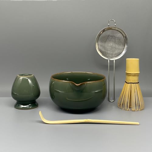 Matcha Whisk Set – 5 Pcs Matcha Set Whisk and Bowl with Spout, Bamboo Scoop, Sifter & Holder – Ru Kiln Matcha Bowl Japanese Tea Kit for Gifts, Home Use & Ceremonial Rituals (green)