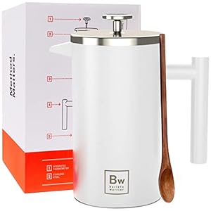 Barista Warrior French Press Coffee Maker – Double-Wall Stainless Steel Insulated French Press with Built-In Thermometer, Dual Filters Coffee Maker with Wooden Spoon – White
