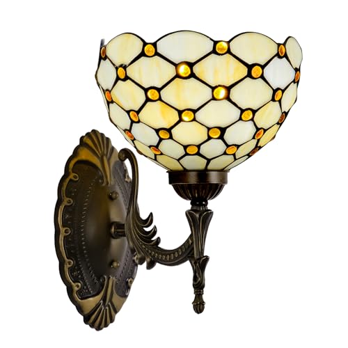 Image of Tiffany Style Wall Sconce Amber White Pearls Stained Glass Bedside Lamp with Classic 8 Inches Lampshade for Bedroom Hallway Living Room Home Office