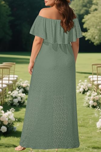 Image of Pinup Fashion Women Plus Size Summer Casual Off Shoulder Eyelet Maxi Dress | Breathable eyelet fabric,elegant ruffle,high waisted,stylish belt,side split,handy pockets,ideal for summer, wedding guest.