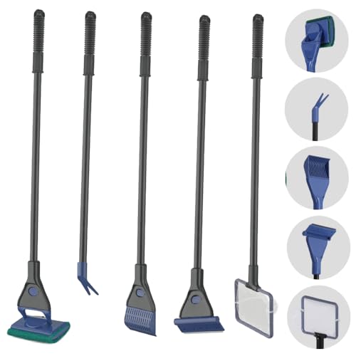 BPS Kit de Limpieza para Acuarios 5 en 1 Herramientas con Mango Largo 60cm, Red para Peces, Rastrillo de Grava, Rascador de Algas, Esponja y Tenedor para Plantas BPS-6967