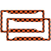 Black and Orange Checkerboard Pattern Stainless Steel License Plate Frame 2 Pack - No Drill Installation, Universal Fit for Cars/Trucks/Suvs