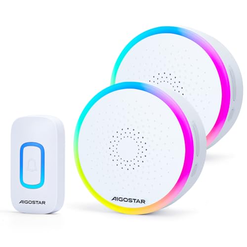 Aigostar Timbre Inalámbrico RGB, timbre inalámbrico exterior impermeable, IP55, 5 Niveles de Volumen (0-120dB) y 60 Melodías, Timbre para Ancianos, Casa, Oficina, Blanco (2 Receptor y 1 Transmisor)