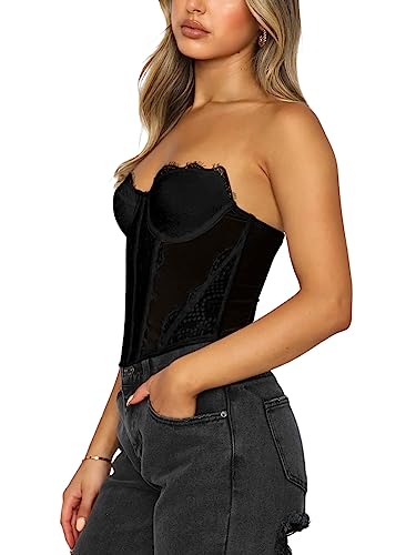 Reoria Women's Summer Sexy Lace Mesh Sleeveless Backless Going Out Trendy Strapless Boned Y2K Bustier Corset Crop Tank Tops Black Large #TOP2
