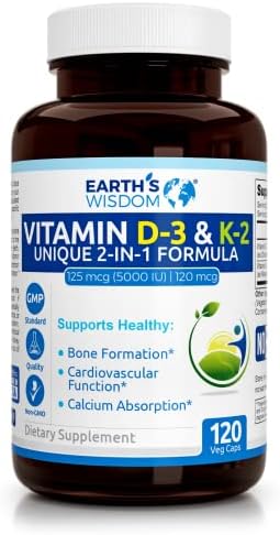Earth’s Wisdom Vitamin D3 5000 IU with K2 (MK7) Formula. Muscle, Bone, Heart & Immune Support. Superior Absorption. 120 Capsules. Free from Gluten, Dairy, Soy. Non-GMO. Manufactured in USA.