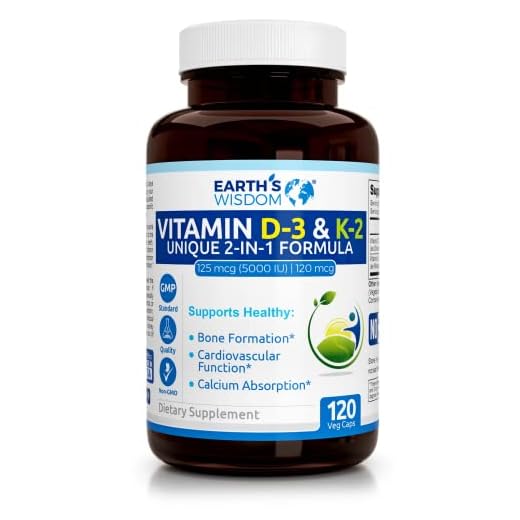 Earths Wisdom Vitamin D3 5000 IU with K2 (MK7) Formula. Bone & Heart Health Complex w/ Superior Absorption. Immune, Bone & Muscle Support. 120 Capsules. Gluten, Dairy, Soy Free, Non-GMO. Made in USA