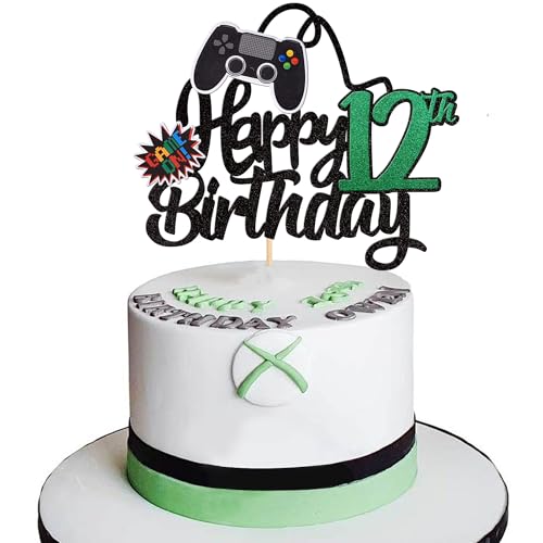 1 PCS Video Game Happy 12th Birthday Cake Topper Glitter Video Game Cake Pick Game On Controllers Twelve Cheers to 12 Years Cake Decoration for Happy 12th Birthday Party Supplies Green