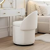 LukeAlon Sherpa Makeup Ottoman with Storage, Upholstered 360° Swivel Vanity Stool with Foldable Backrest Modern Cylindrical Footrest Stool for Living Room Bedroom, White