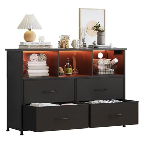 LUMTOK 4-Drawers Dresser with 3 Open Storage Shelves, Fabric Dressers Drawers for Bedroom, Hallway, Nursery, Closets, Steel Frame, Wood Top, Easy Pull Handle (Black) Cover