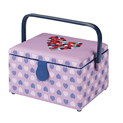 Sewing Online Medium Sewing Box,Purple Fabric with an Embroidered Button Heart Lid | 26 x 18 x 15cm | Storage & Organiser Basket with Compartments for Sewing Supplies/Accessories - GA1113M