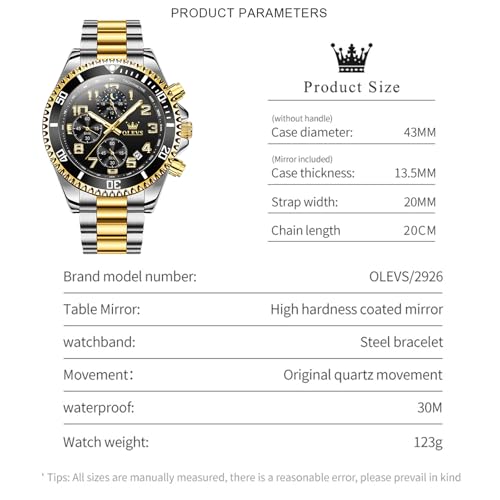 OLEVS Mens Dress Watch Black and Gold Classic Stainless Steel Waterproof Quartz Men Watches Metal Band and Luxury Black Large Face Mens Wrist Watch Easy to Read with Date Reloj de Hombre — view 6