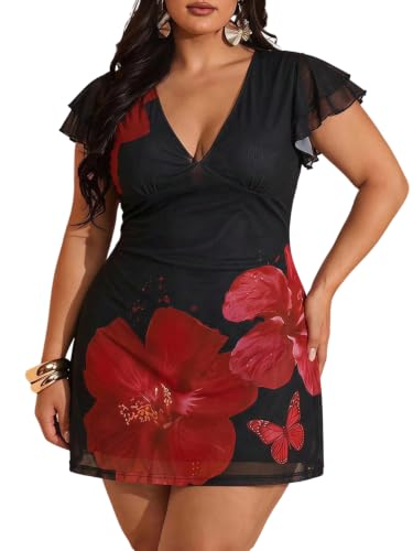 Image of BEAUDRM Women's Plus Size Cocktail Floral Short Dress Wedding Guest Dresses | Deep V, Ruffle, Short Sleeve,Mesh, Bodycon, Date Night Dress, Party Going Out Dresses