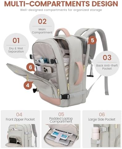 LOVEVOOK Travel Backpack for Women, 40L Carry On Backpack Flight Approved, TSA Personal Item Travel Bag Fits 17 Inch Laptop, Business Weekender Overnight Waterproof Daypack with 2 Cubes, Grey-Pink — view 4
