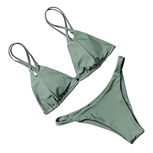 RUUHEE Women Bikini Two Piece Sexy Solid Color Brazilian Top Triangle Bottom (S(US Size 2-4), Army Green)