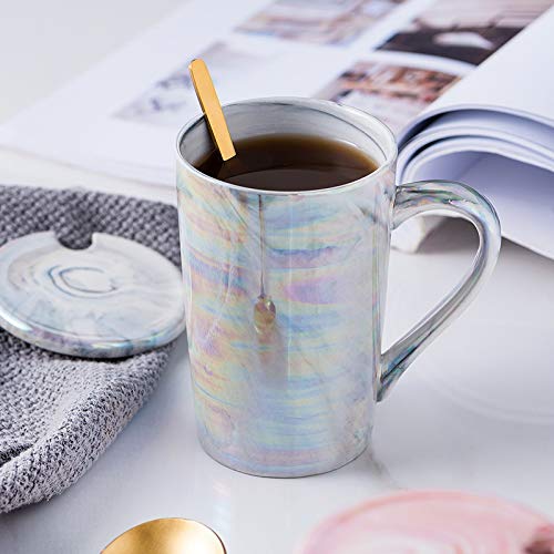 Keyigou 13.5Oz Marble Coffee Mugs With Lid Gold Spoon Pearly Ceramic Tea Cup Cute Mugs For Women Mom Friend Gifts #TOP5