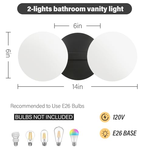 Image of Black Globe Wall Sconce,Vanities Lights with 2 Milk Glass Shades | 6 inch Modern Spherical Vanity Sconces,Contemporary Small Brass Ball Lights Fixture for Entryway Bedside Bathroom,E26 Base