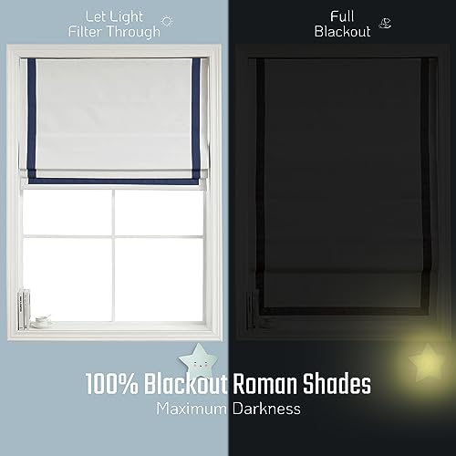 Greenwich Cordless 100% Blackout Fabric Roman Shades For Windows, Premium Pull-Down Blind For Home, Bedroom, Living Room, Kitchen, Office, With Ribbon Border, Navy, 35X64 Inches #TOP2