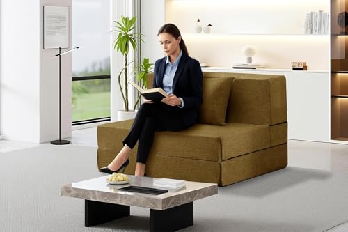 Image of Los Angeles Foldable One Seater Sofa Cum Bed, Sofa Bed 3 X 6 Feet, Jute Fabric- Washable Cover- Including One Cushion Perfect for Home & Office - Golden