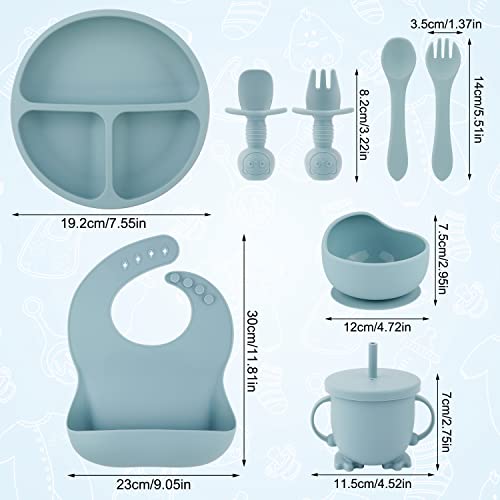 Silicone Baby Feeding Set, Bpa Free Baby Led Weaning Supplies Set Silicone Suction Bowl And Plate Adjustable Baby Bib Long Spoon And Fork For Toddlers Cup With Straw And Lids (Gray Blue, 8Pcs) #TOP1