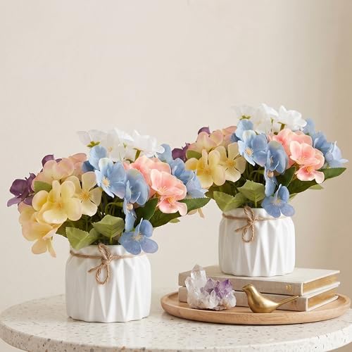 Image of Dekorly Artificial Lavender Plant in White Pot, 18cm - Realistic Faux Flower Arrangement for Home & Office Decor (Set of 1) (2, Hydrangea Floral)