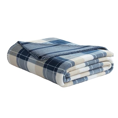 Nautica - Throw Blanket, Reversible Flannel Bedding with Bonded Knit Fleece, Super Soft Plaid Home Decor (Buff Plaid Navy, 50