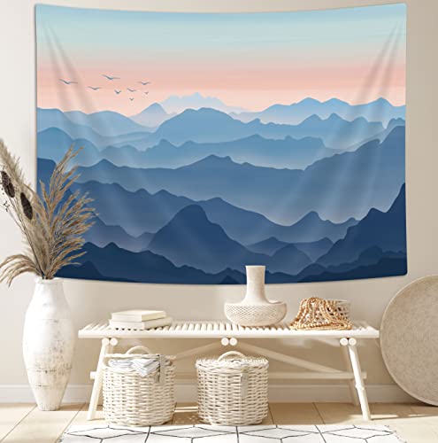 Aesthetic Blue Tapestry Abstract Mountain Nature Landscape Tapestry Neutral Wall Art Poster Blue Mountains Modern Colorful Small Scenery Tapestry For Bedroom Living Room Dorm 60X40 #TOP1