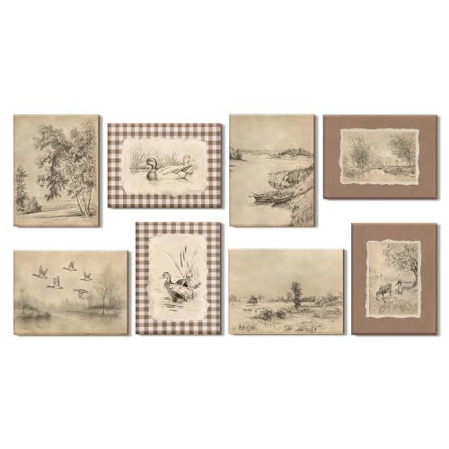 ARPEOTCY Acoustic Art Wall Panels for Bedroom, Studio, Recording Office, Laundry, 48x32in Vintage Farmhouse Rustic Duck & Countryside Sketch Art, Soundproof Sound Absorbing, 8 Pack