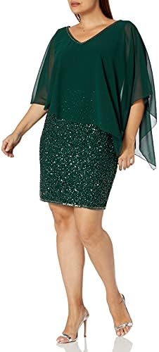 J Kara Women's Plus Size Caplet Short Cocktail Beaded Dress, Hunter/Multi, 14W