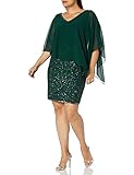 J Kara Women's Plus Size Caplet Short Cocktail Beaded Dress, Hunter/Multi, 14W