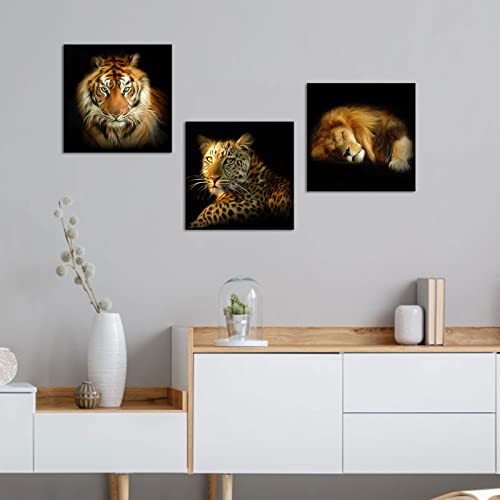Artsbay 3 Set Of Animal Portrait Pictures For Wall Decor Tiger Lions Leopard Painting Canvas Wall Art For Boys Mordern Wild Animals Giclee Canvas Artwork Framed And Stretched Home Wall Decor Ready To Hang - Size 12"X12" Each Panel #TOP4