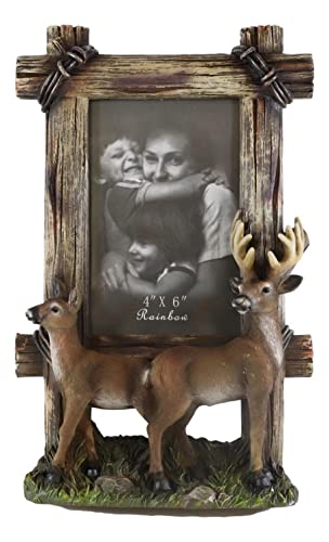 Ebros Gift Country Rustic Wildlife Buck Deer Stag Antlers By Barbed Wire Wooden Farm Fence Easel Back Picture Frame For 4"X6" Photo Hunters Does Deers Fawns Antler Racks Cabin Lodge Cottage Accent #TOP1