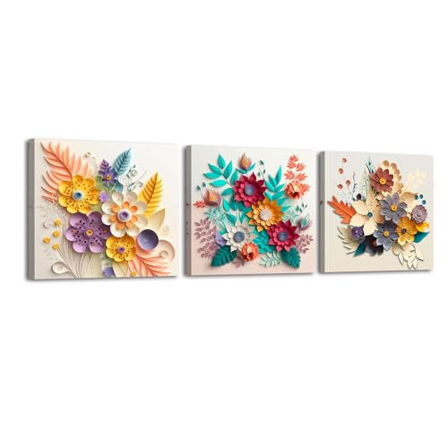 Piy Painting Conjunto de 3 Cuadros de Flores, Impresiones de lienzo de flores, Impresión Artística Imagen, Lienzos Decorativos con Marco Interior Cuadros Decoracion para Cocina Dormitorio 30x30cm