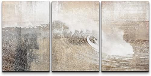 wall26 Canvas Print Wall Art Set Gray & Tan Color Block Ocean Wave Overlay Nature Wilderness Digital Art Modern Art Rustic Scenic Colorful for Living Room, Bedroom, Office - 24"x36"x3 Panels