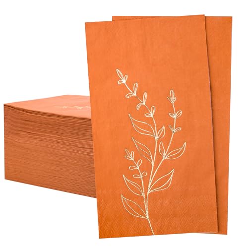 Terracotta Napkins 2- Ply Disposable Dinner Paper Napkin 100 Pcs Gold Foil Leaves Fall Napkins for Dinner Picnic Birthday Wedding Party