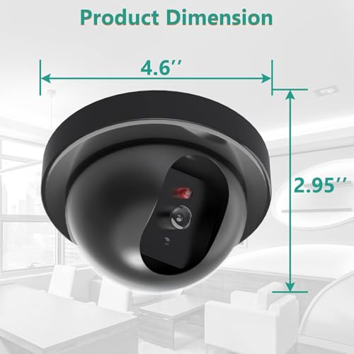 Image of Dummy Fake Security CCTV Dome Camera with Flashing Red LED Light with Security Alert Sticker Decals, Black