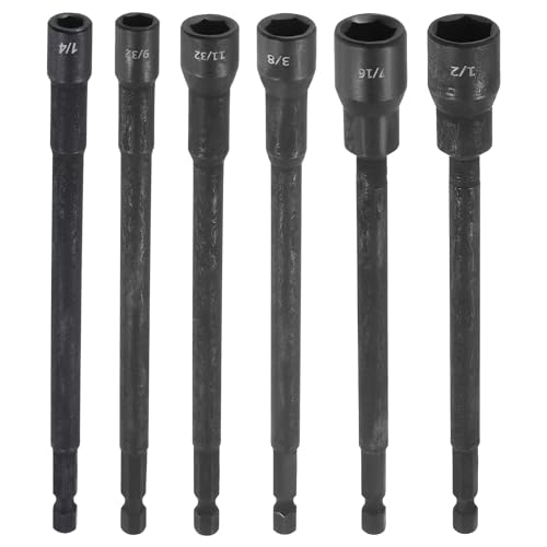 sourcing map 6pcs Nut Driver Drill Bit 1/4,3/8,7/16,9/32,11/32,1/2 Inch Socket 1/4 Hex Shank 6 (150mm) Extra Long Magnetic 6-Point Sockets Quick Change Chrome Vanadium Steel Bolt Setters