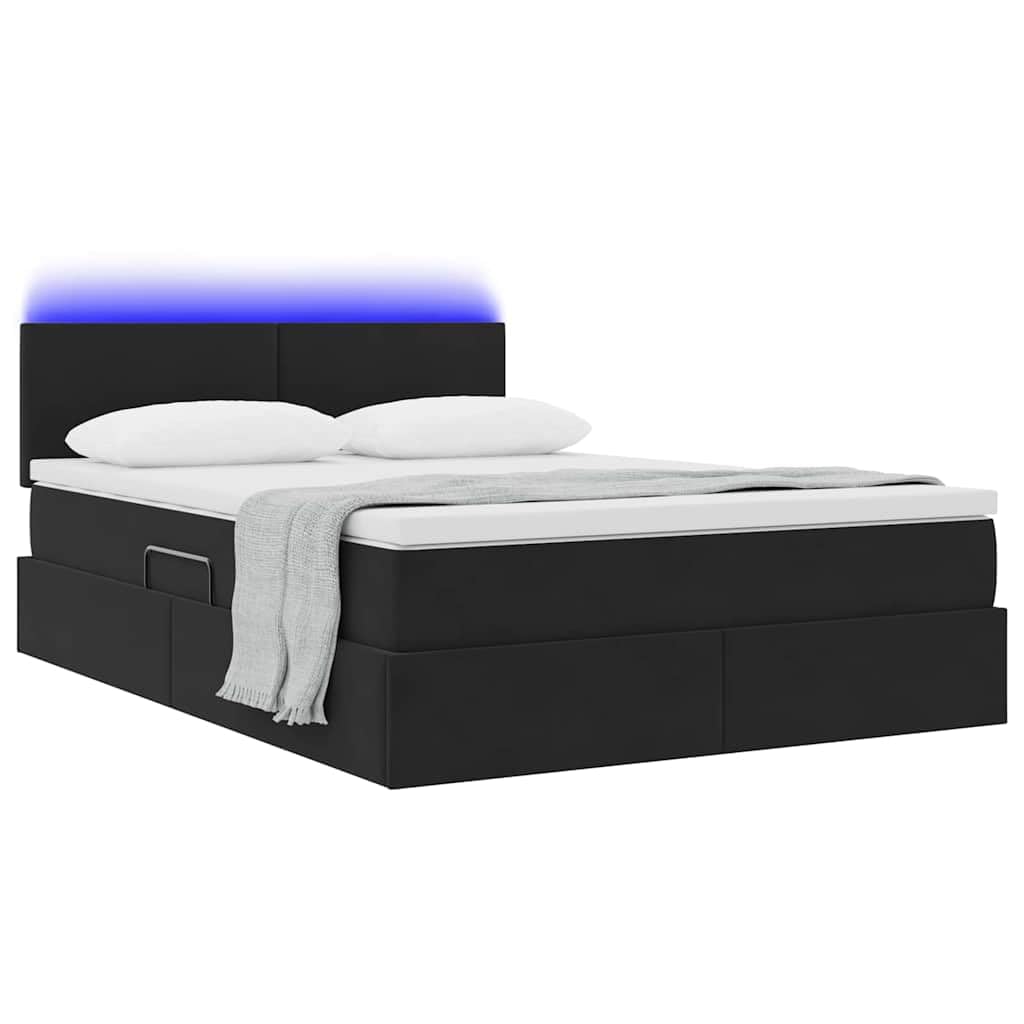 Aksamitny z hydrauliką i LED Nowoczesny z pojemnikiem 140 x 190 cm Czarny | Łóżko z pojemnikiem i LED RGB Czarny 140x190 z materacem i hydrauliką