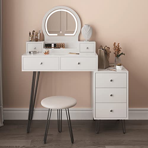 Fameill Makeup Vanity Desk With Lighted Mirror,White Vanity Table Set With Round Mirror,3 Color Touch Screen Dimming Mirror,7 Drawers Bedroom Dressing Table With Soft Cushioned Stool #TOP26