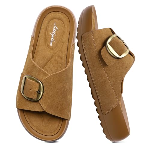 Littleplum Women's Slides Sandals with Arch Support - Soft Cushion Platform Wedge Sandals with Adjustable Buckle for Indoor/Outdoor, Lightweight Walking Beach Resort Slippers Casual Camel Size 6