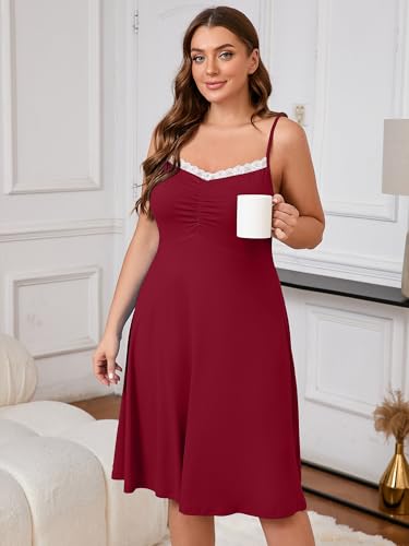 AusLook Plus Size Women's Nightgown Wine Red 1X Spaghetti Strap Sleepwear Soft Sleeveless Lace V Neck Cami Sleep Dress — view 4