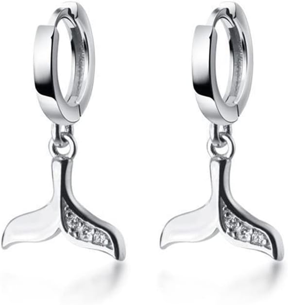CZ Mermaid Tail Dangle Hoop Earrings for Women Girls 925 Sterling Silver Charms Cute Crystal Fish Whale Dolphin Tail Drop Cartilage Huggie Jewelry Delicate Fashion Birthday Christmas Gifts