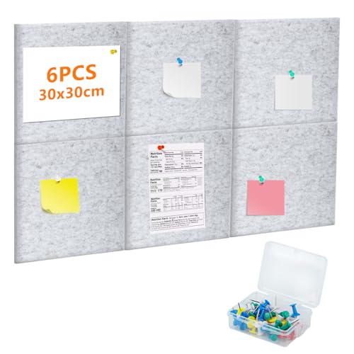 6 Pcs Tablon Anuncios Fieltro, 30x30 cm Corcho Pared Autoadhesivo, Tablón de Anuncios de Corcho para Pared, oficina y cocina, pizarras de notas, fotos, tablero, con chinchetas