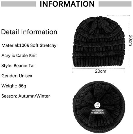 Malaxlx Stretch Cable Trendy Warm Knit Hat Messy High Bun Ponytail Beanie Hat