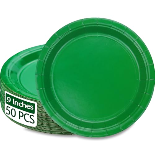 PTECDROTS 50 Stück grüne Pappteller – 22,9 cm dunkelgrüne Einwegteller, runde Speiseteller für den täglichen Gebrauch, Urlaub, Picknick, Feiern, Geburtstag, Weihnachten, Partyzubehör