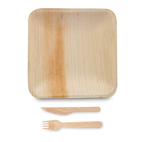 Raj Palm Leaf Plates 100X9.5" Plates, 100 Forks, 100 Knives Like Bamboo Plates Disposable, Strong, Compostable Tableware For Wedding, Lunch, Dinner, Birthday, Camping, Outdoor Bbq, Picnic [300 Items] #TOP1