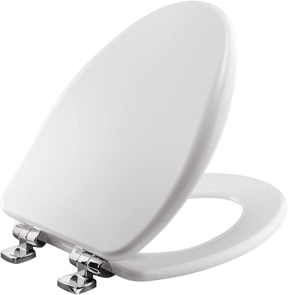 Bemis 19170CSLA 000 Alesio Toilet Seat with Chrome Hinges will Slow Close, Never Loosen and Provide the Perfect Fit, ELONGATED, High Density Enameled Wood, White
