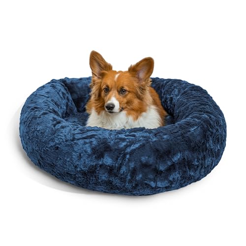 Image of Best Friends by Sheri The Original Calming Donut Dog Bed for Medium Dogs up to 45 lbs, Lux Faux Fur, Navy Blue, 30 inch x 30 inch